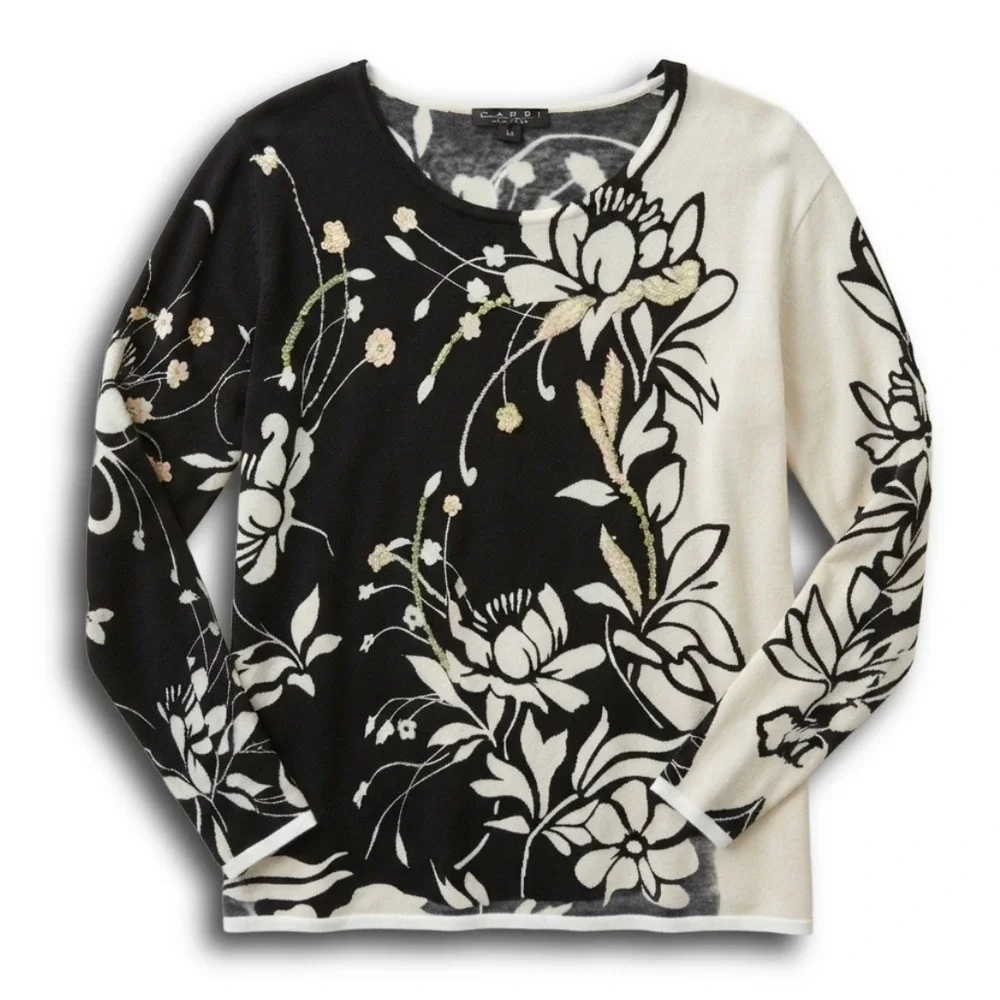 Pierri New York Women 1X Black White Floral Sequin Colorblock Sweater Knit Top